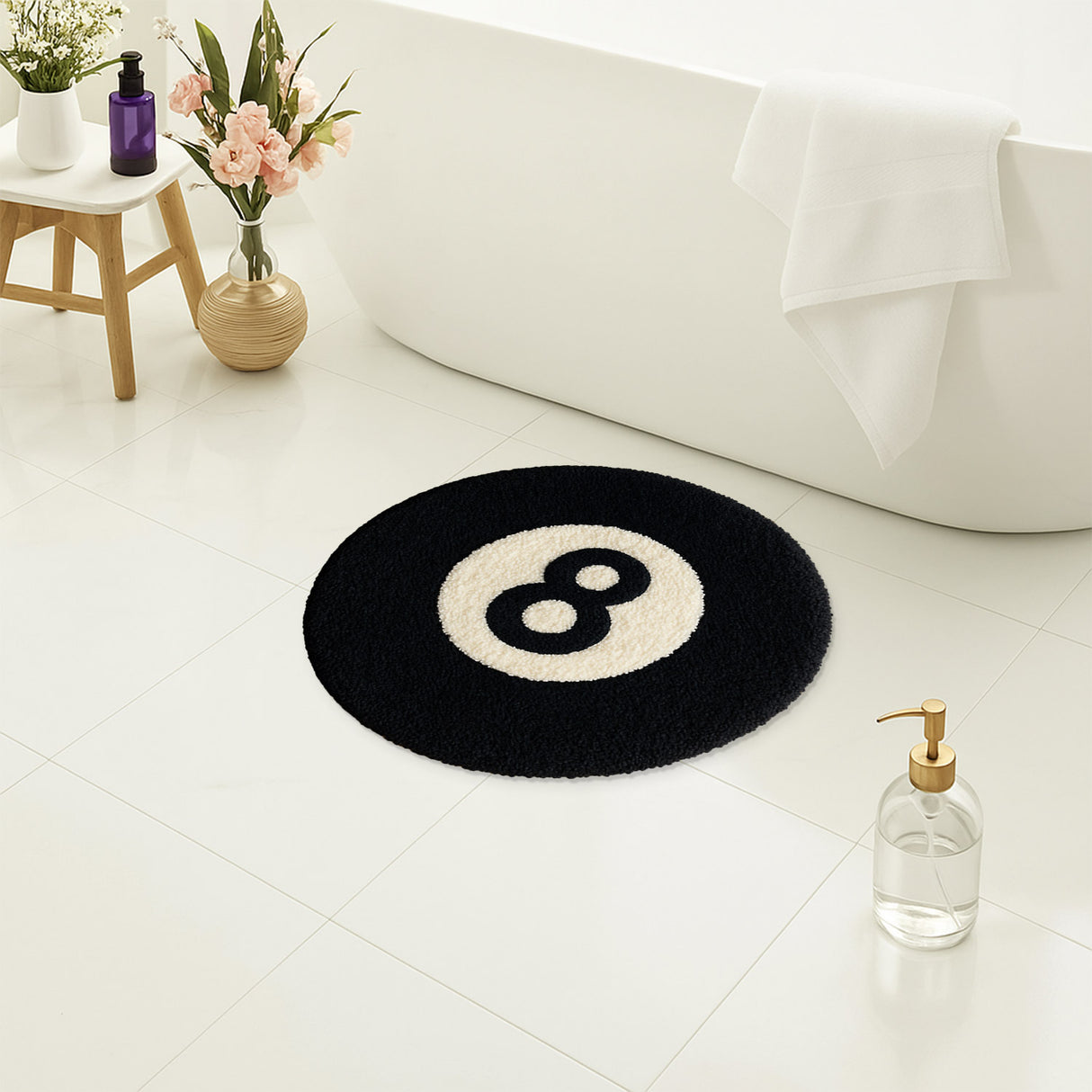 8-Ball Round Tufted Bath Mat – Retro Graphic Non-Slip Rug for Bathroom or Bedroom