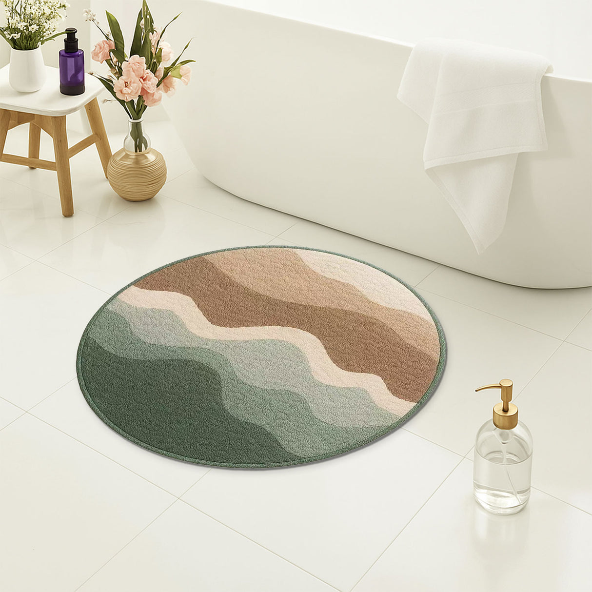 Earth Tone Round Bath Mat – Minimalist Wavy Pattern Rug for Bathroom & Entryway
