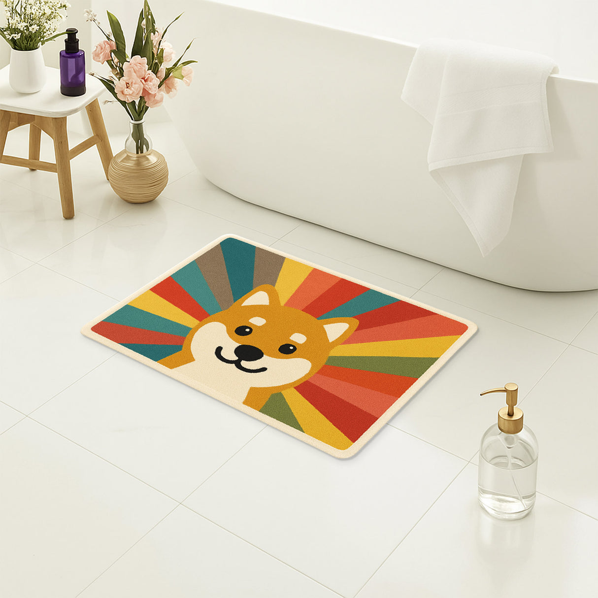 Feblilac Shiba Inu Rainbow Burst Bath Mat – Colorful Dog Rug for Bathroom & Bedroom