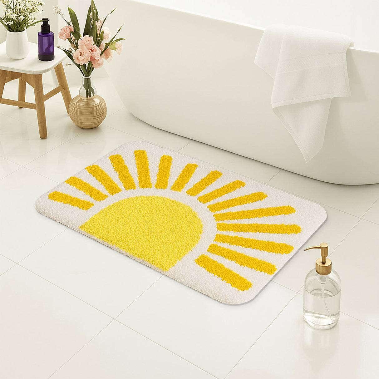 Feblilac Sunburst Bath Mat – Cheerful Yellow Tufted Rug for Bathroom