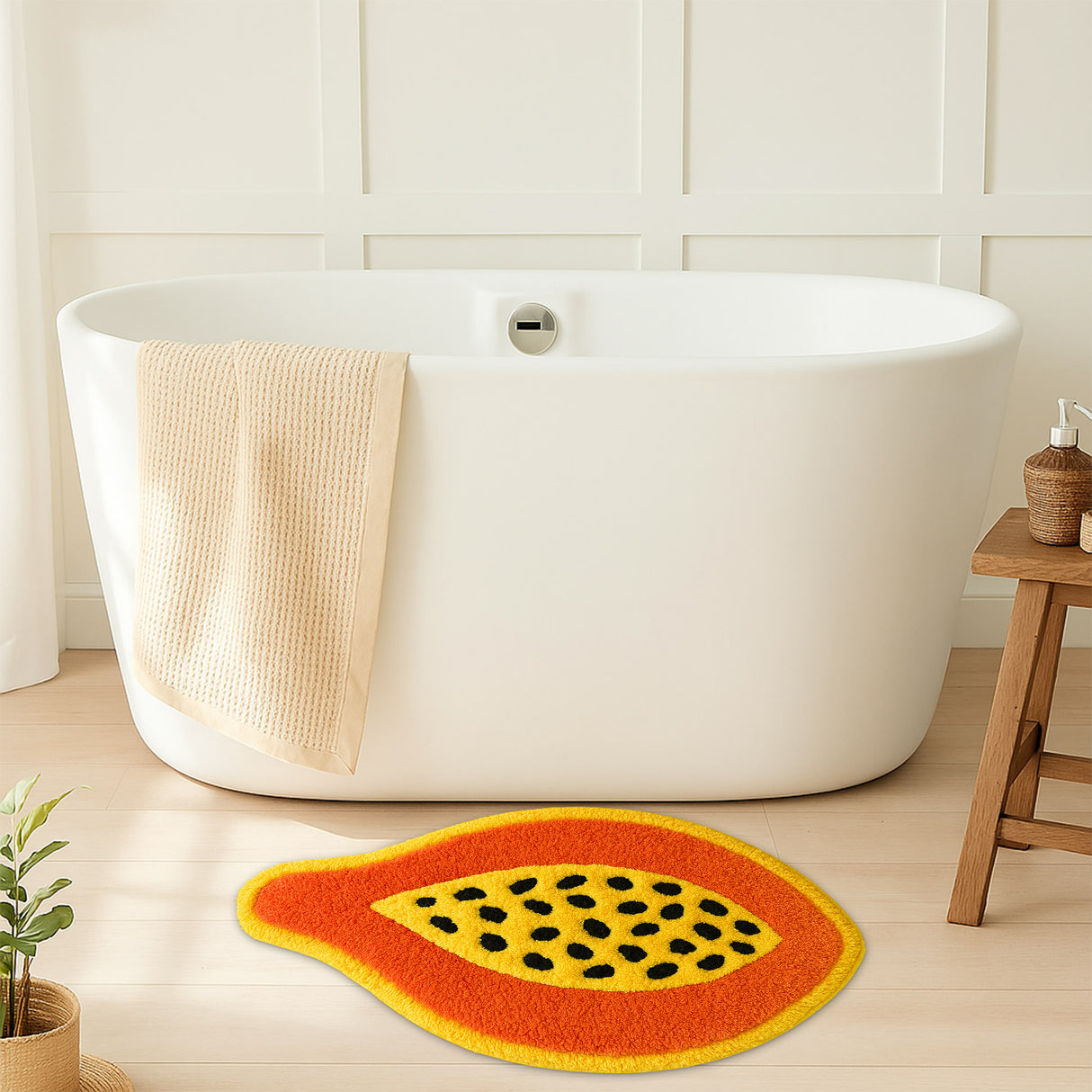 Feblilac Papaya Shaped Tufted Rug – Fun Tropical Fruit Design | Soft & Colorful Bathroom Mat