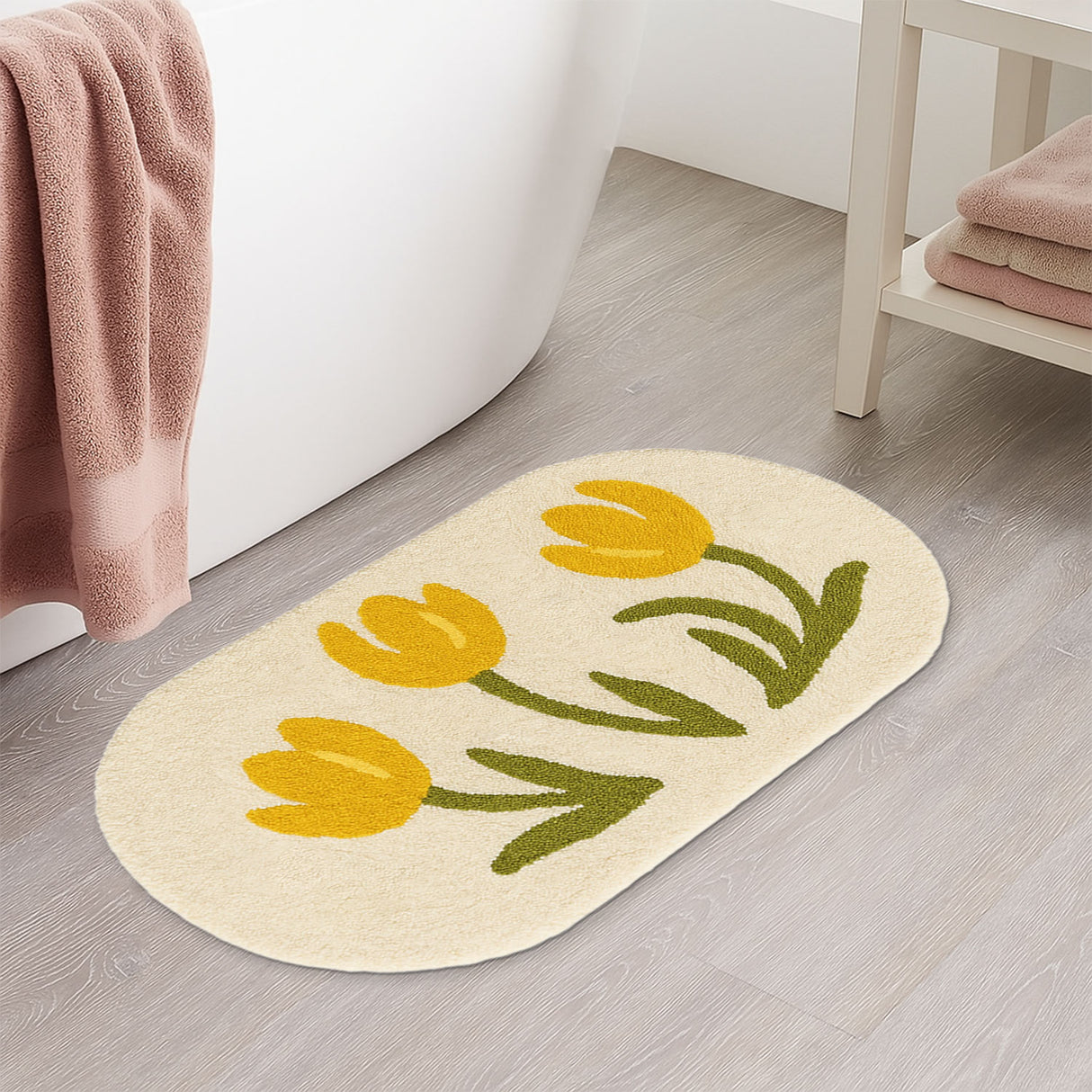 Feblilac Yellow Tulip Bath Mat – Soft Floral Non-Slip Rug for Bathroom or Entryway