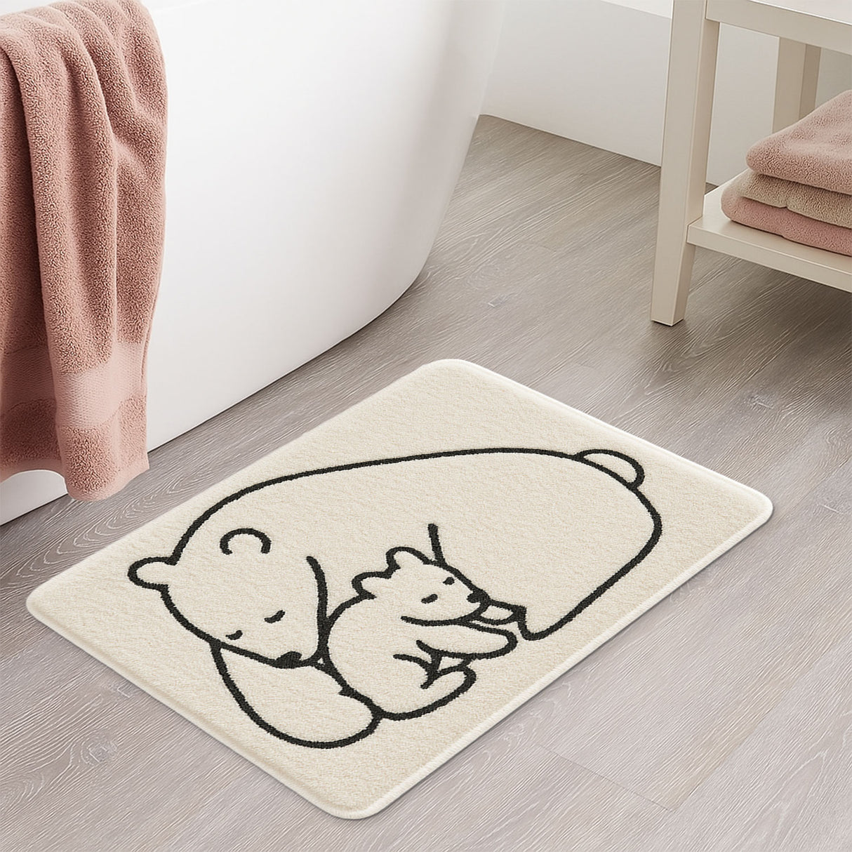 Feblilac Minimalist Bear & Cub Bath Mat | Nordic Style Soft Non-Slip Bathroom Rug