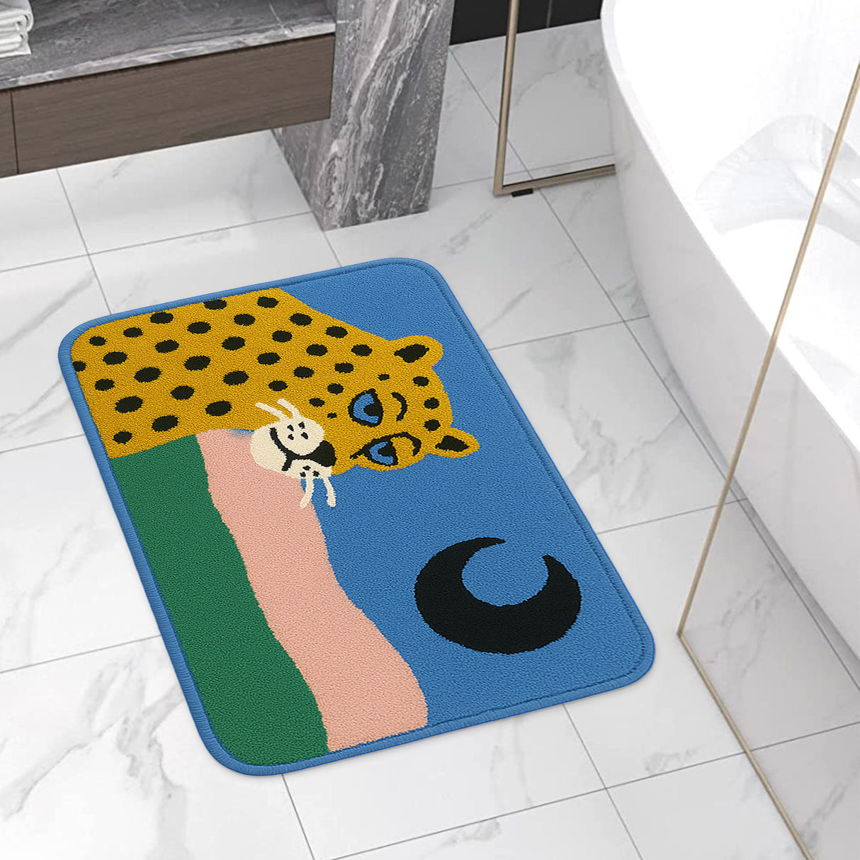 Feblilac Leopard Moon Bath Mat – Bold Animal Print Rug for Bathroom or Entryway