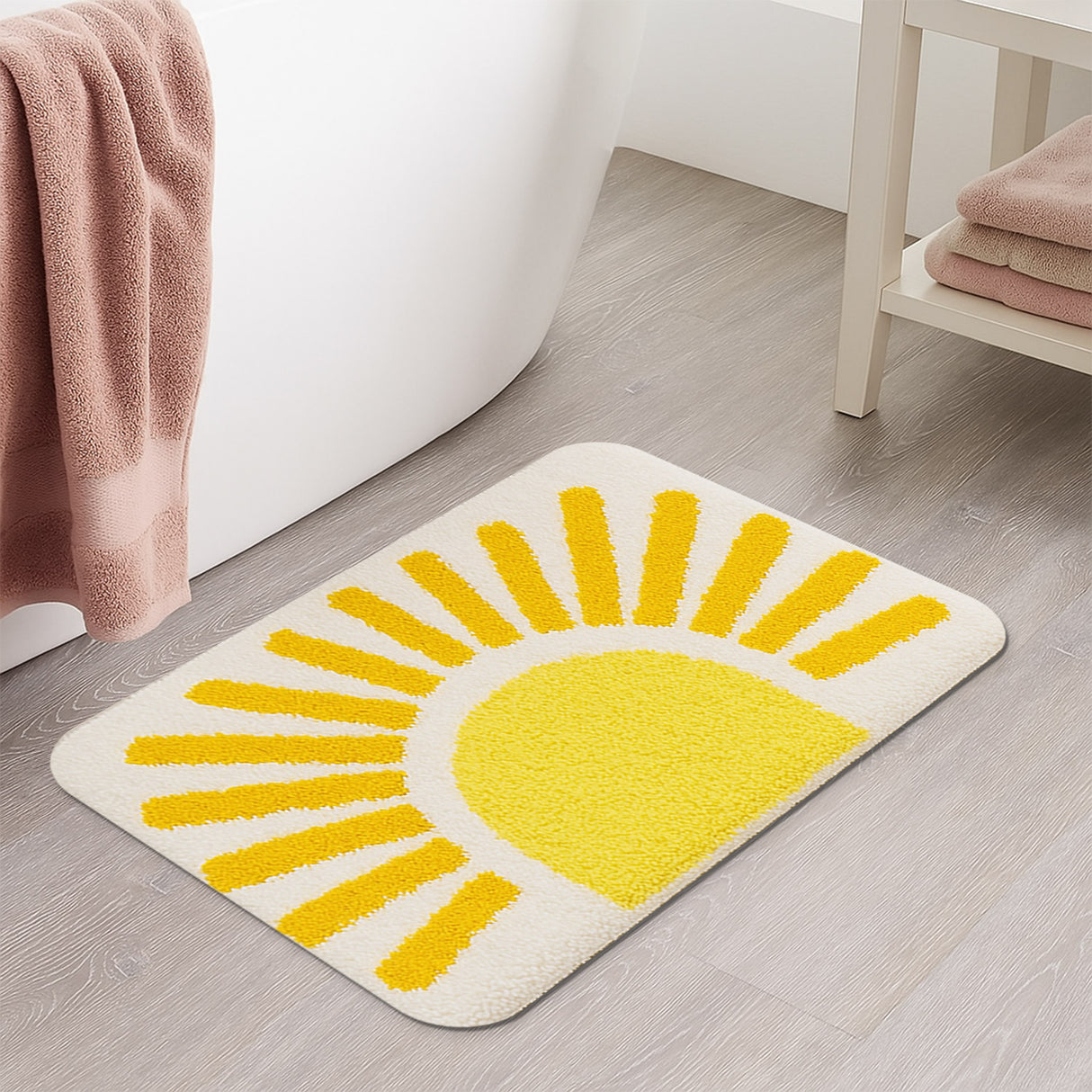 Feblilac Sunburst Bath Mat – Cheerful Yellow Tufted Rug for Bathroom