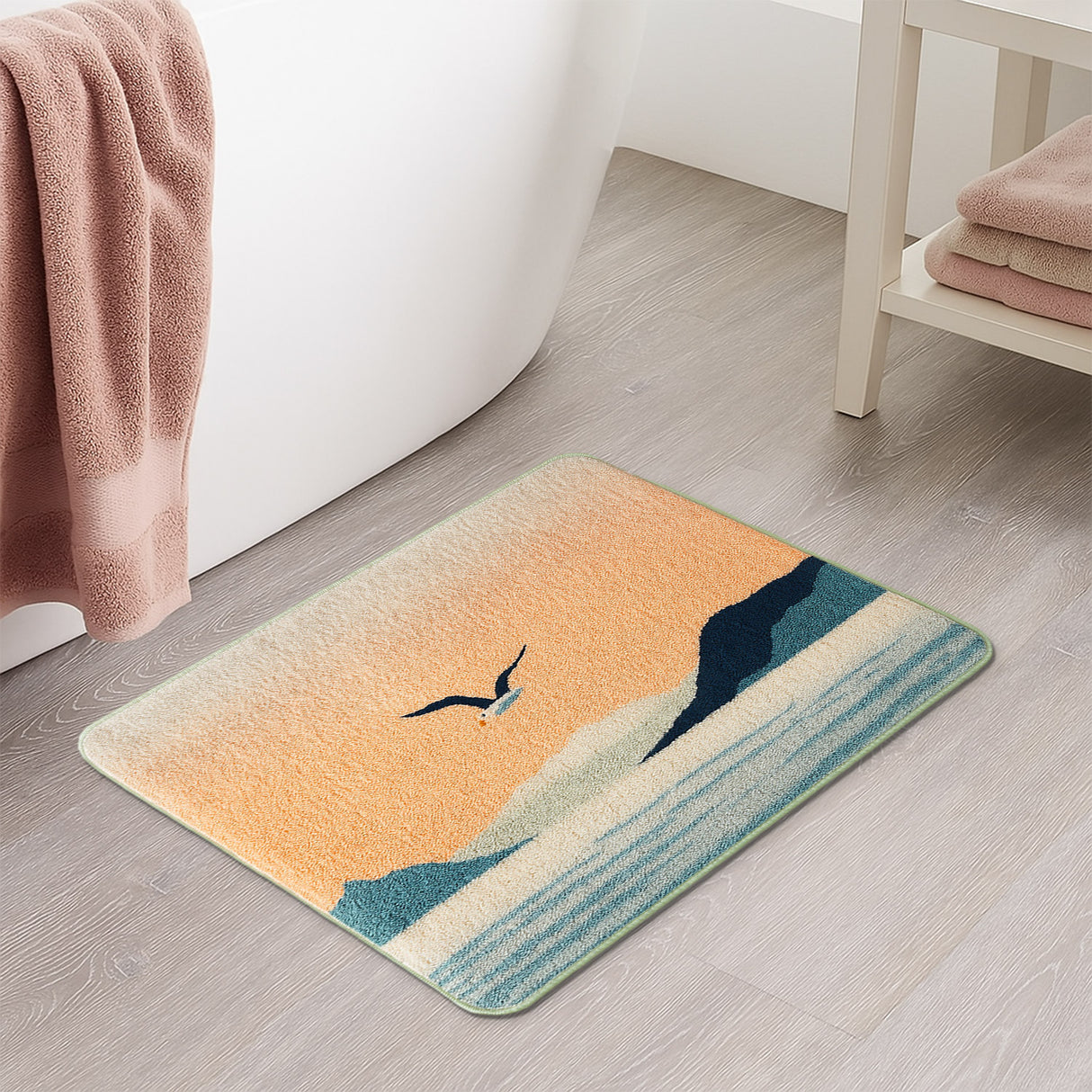 Feblilac Sunset Seagull Coastal Bath Mat – Soft, Absorbent & Non-Slip