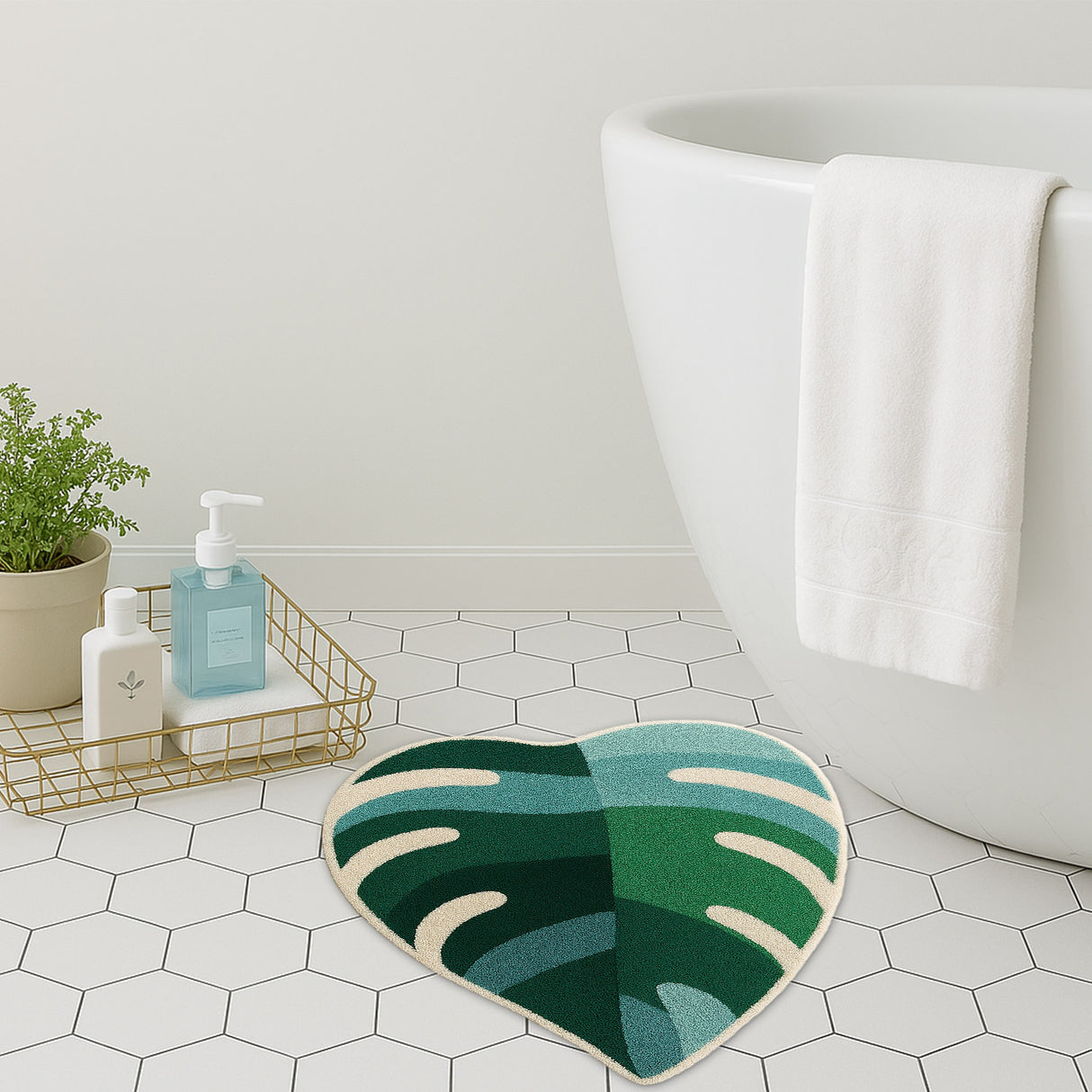 Monstera Leaf Bath Mat – Irregular Shaped Green Botanical Rug for Bathroom & Bedroom