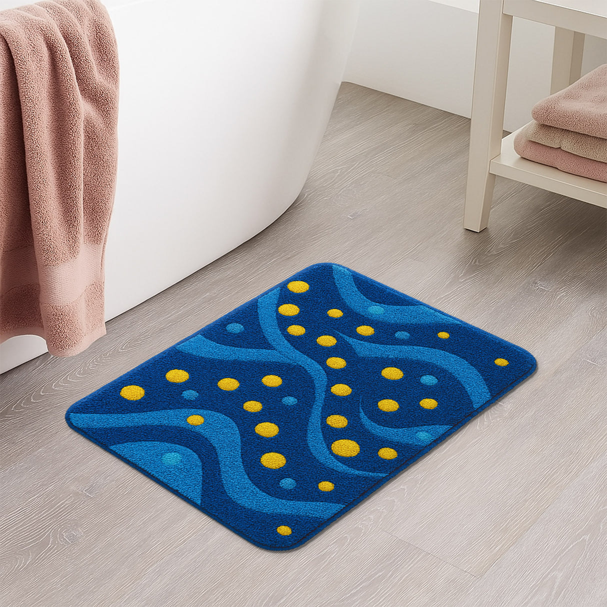 Feblilac Blue Wave & Yellow Dot Bath Mat – Modern Colorful Non-Slip Bathroom Rug