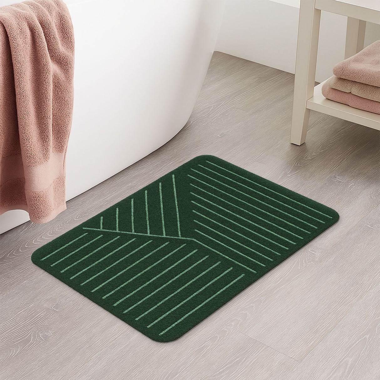 Feblilac Minimalist Green Striped Bath Mat – Non-Slip, Quick-Dry, Soft Underfoot