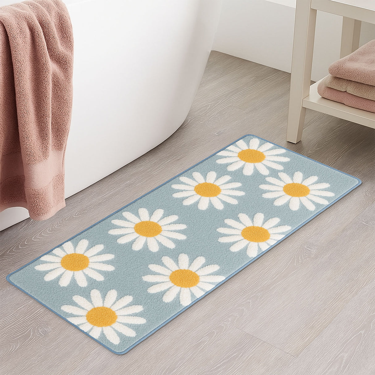Feblilac Long Daisy Bath Mat – Soft Non-Slip Floral Runner Rug for Bathroom & Kitchen