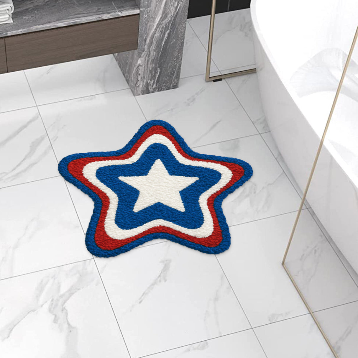 Patriotic Star Tufted Bath Mat – Red White Blue Rug for July 4th Decor