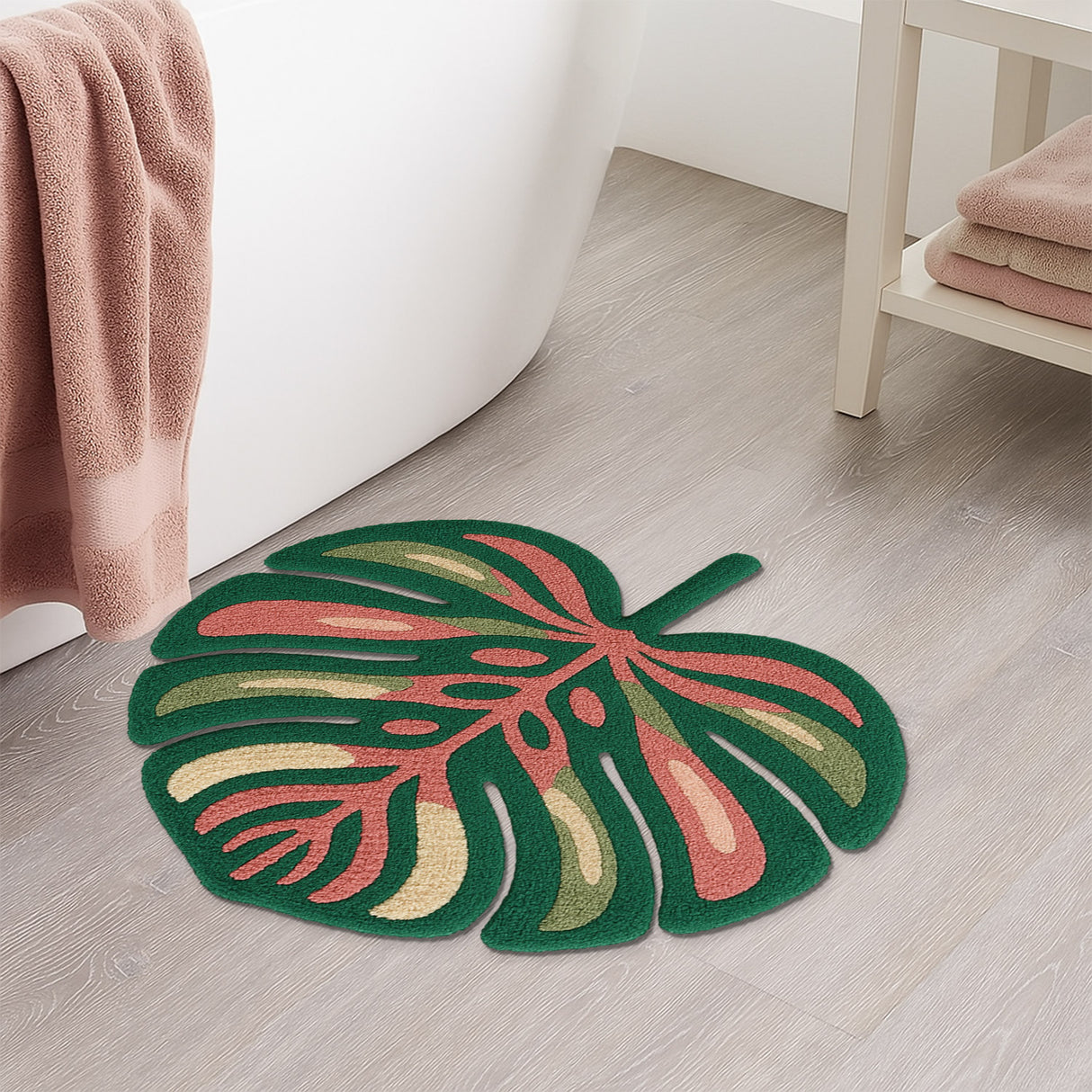 Tropical Monstera Leaf Tufted Bath Mat – Green Plant-Shaped Non-Slip Rug