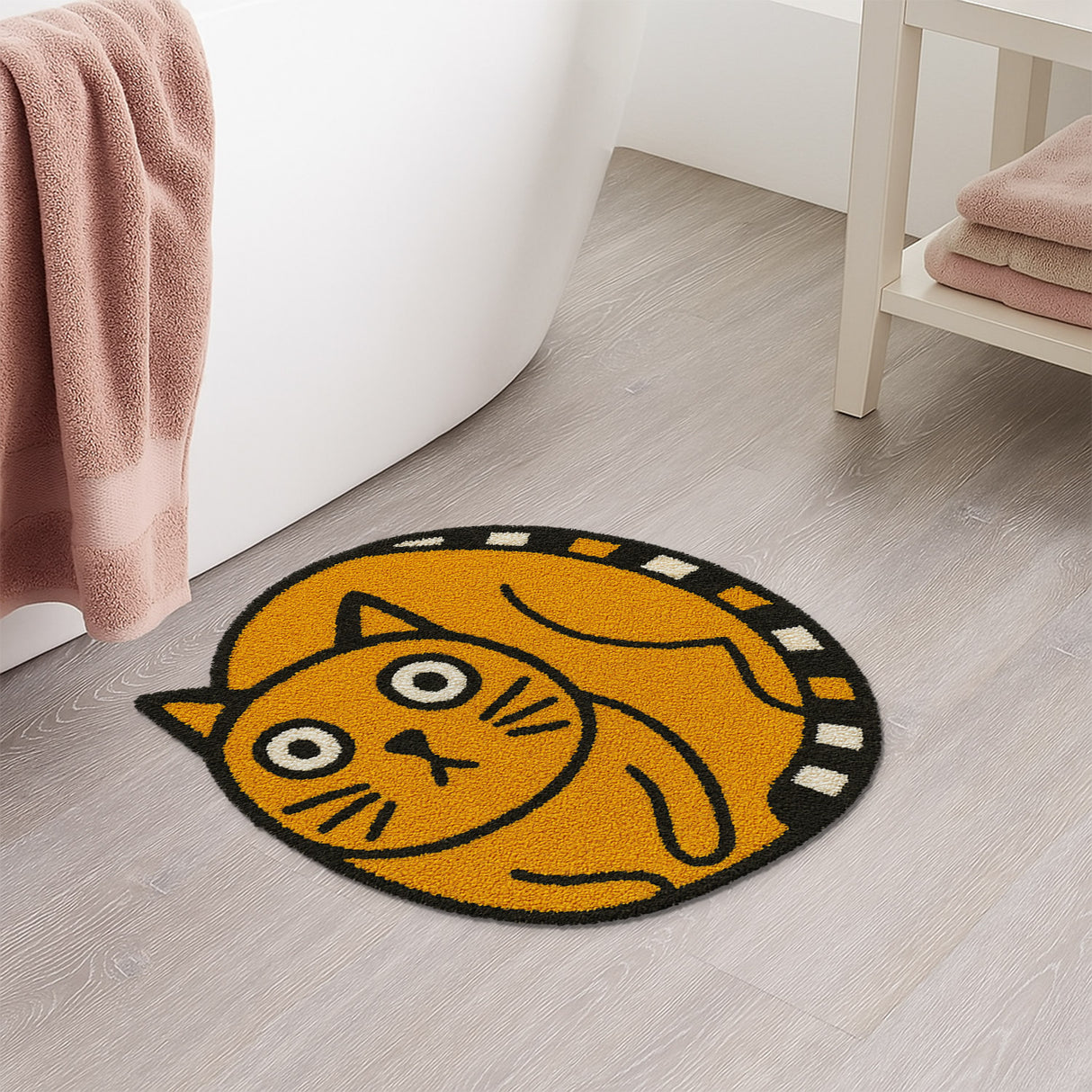 Round Cat Bath Mat – Yellow Cartoon Kitty Rug, Soft and Non-Slip Tufted Floor Mat for Bathroom, Bedroom or Entryway