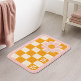 Feblilac Retro Checker Flower Bath Mat – Soft Plush Non-Slip Cute Bathroom Rug