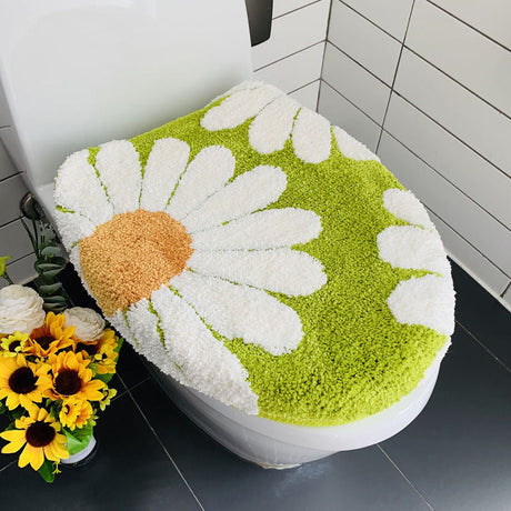 Feblilac Green Bath Mat Set, Flower Floral Bathroom Rug Set, Toilet Cover Mat