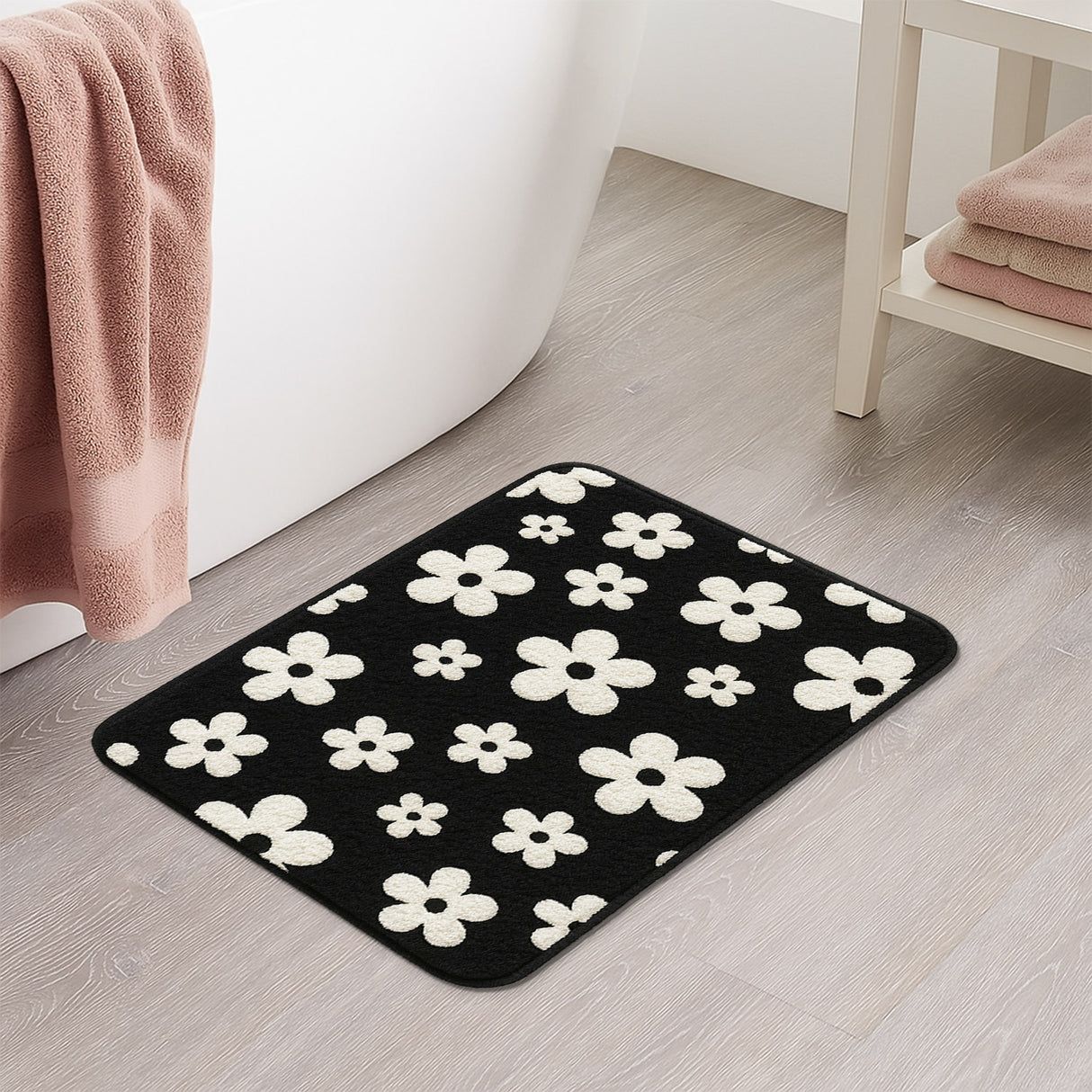 Feblilac Bold Black & White Floral Bath Mat - Soft, Absorbent, Modern Retro Style