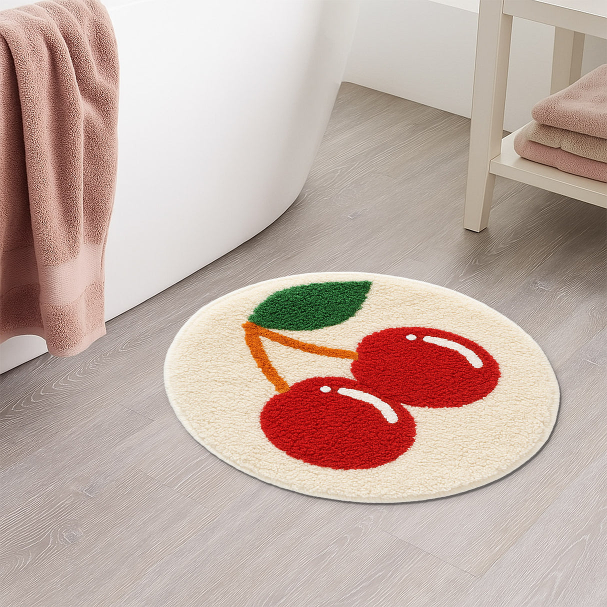 Feblilac Cherry Tufted Round Rug - Soft Plush Anti-Slip Mat for Bathroom, Bedroom, Nursery