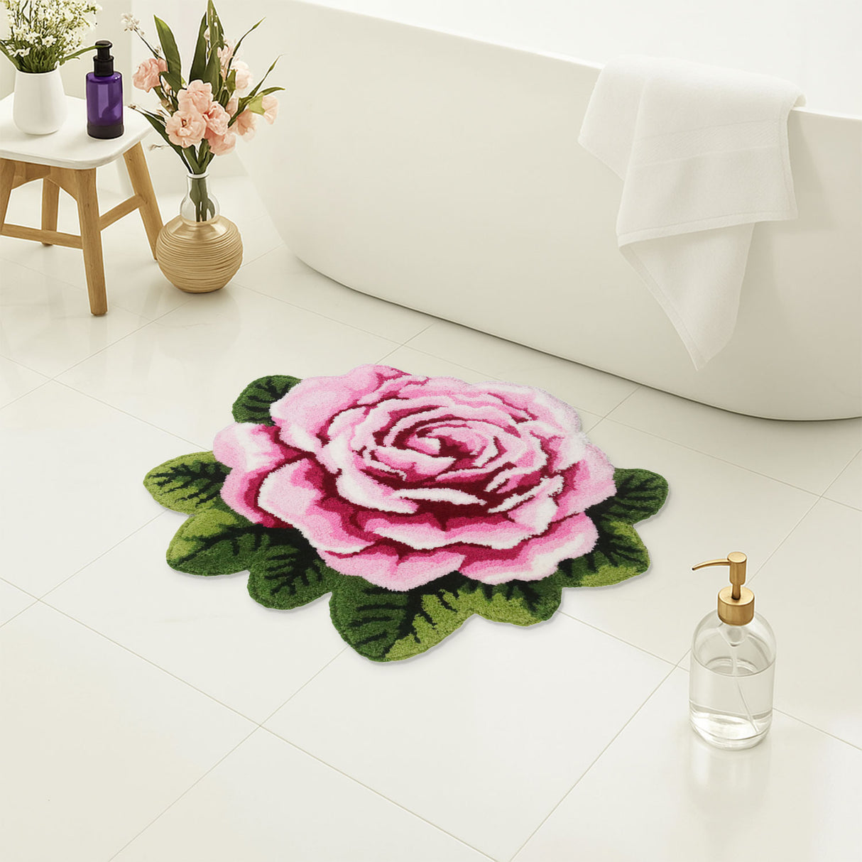 Feblilac Rose Shaped Bath Mat – Tufted Plush Flower Rug for Bathroom or Bedroom