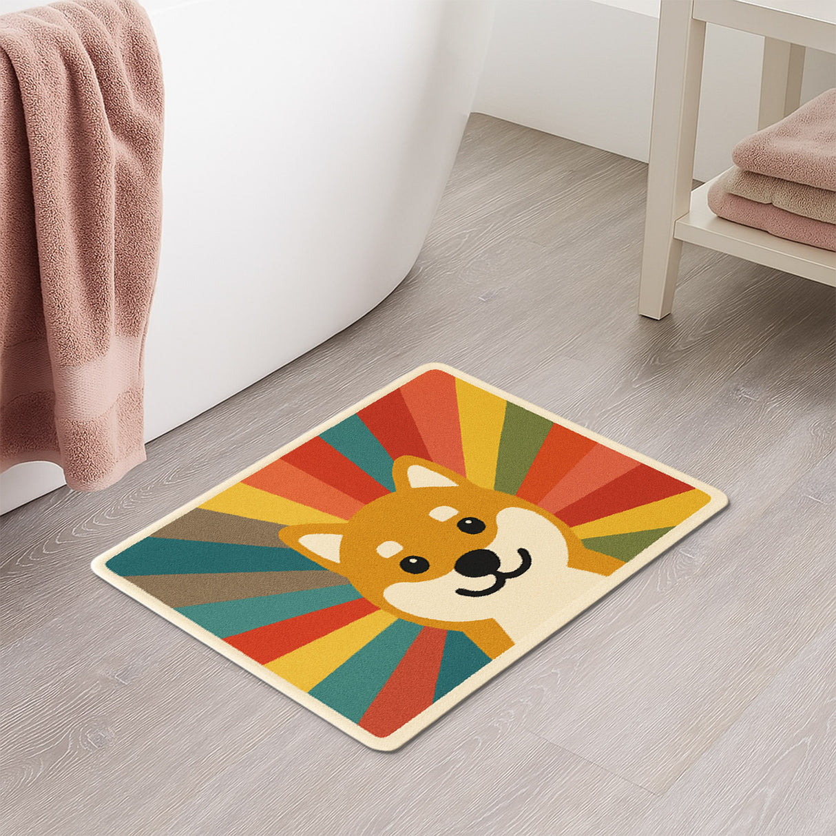 Feblilac Shiba Inu Rainbow Burst Bath Mat – Colorful Dog Rug for Bathroom & Bedroom
