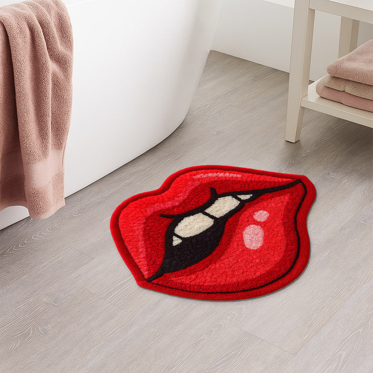 Feblilac Lips Shaped Tufted Rug – Bold Red Cartoon Lip Design, Non-Slip, Soft Plush Floor Mat