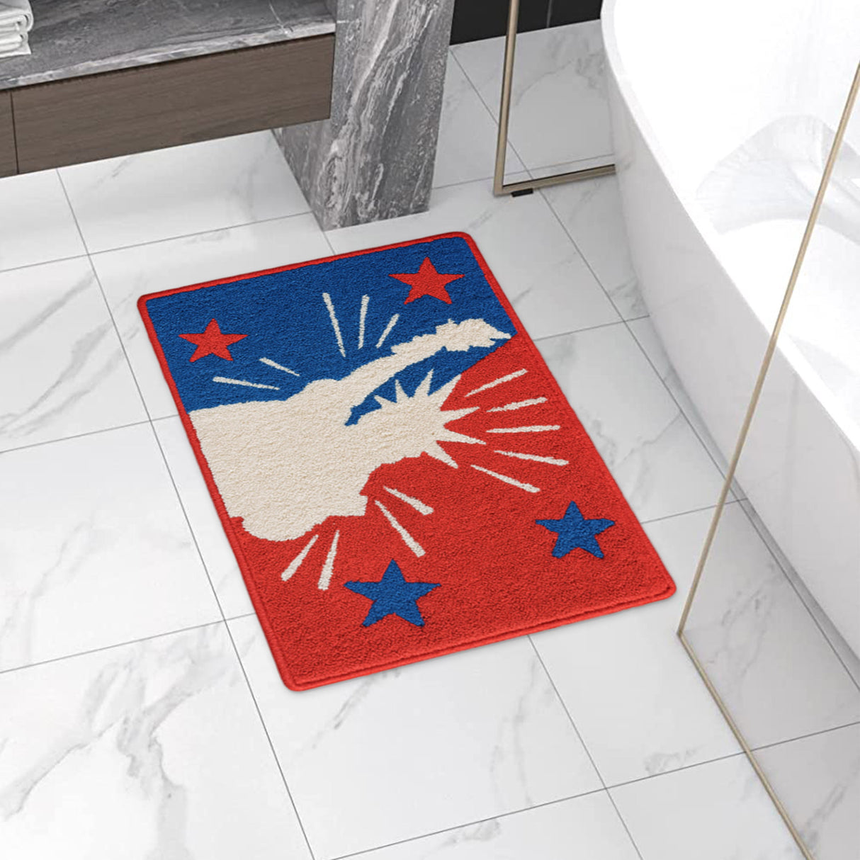 Statue of Liberty Tufted Bath Mat – Patriotic Red White Blue Rug for July 4th Decor