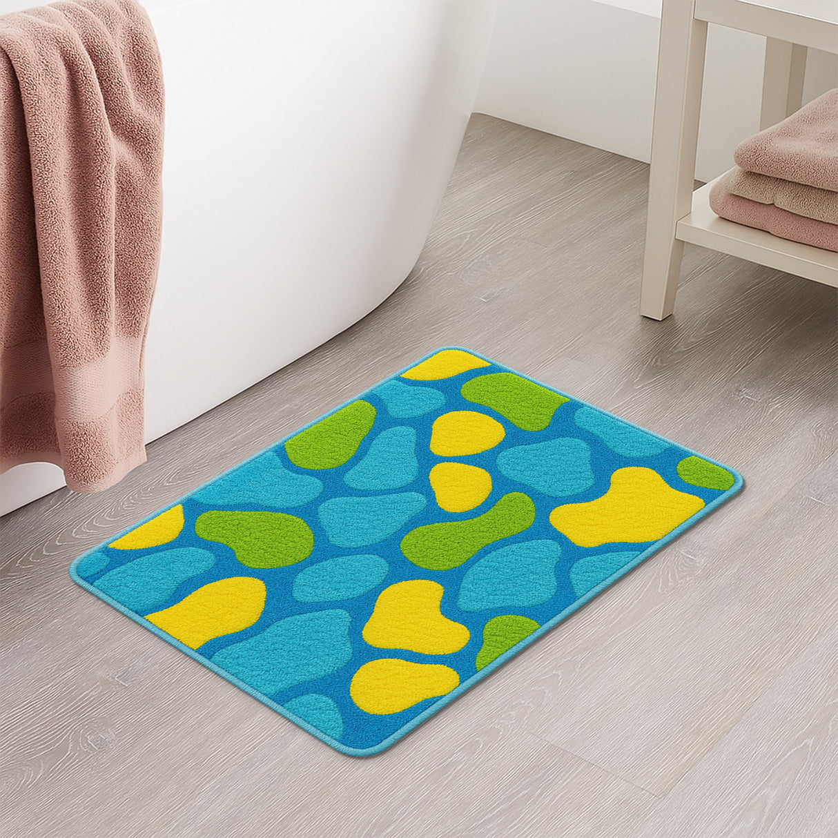 Feblilac Colorful Abstract Bath Mat – Non-Slip Bathroom Rug with Blue, Yellow & Green Modern Design, Soft and Absorbent