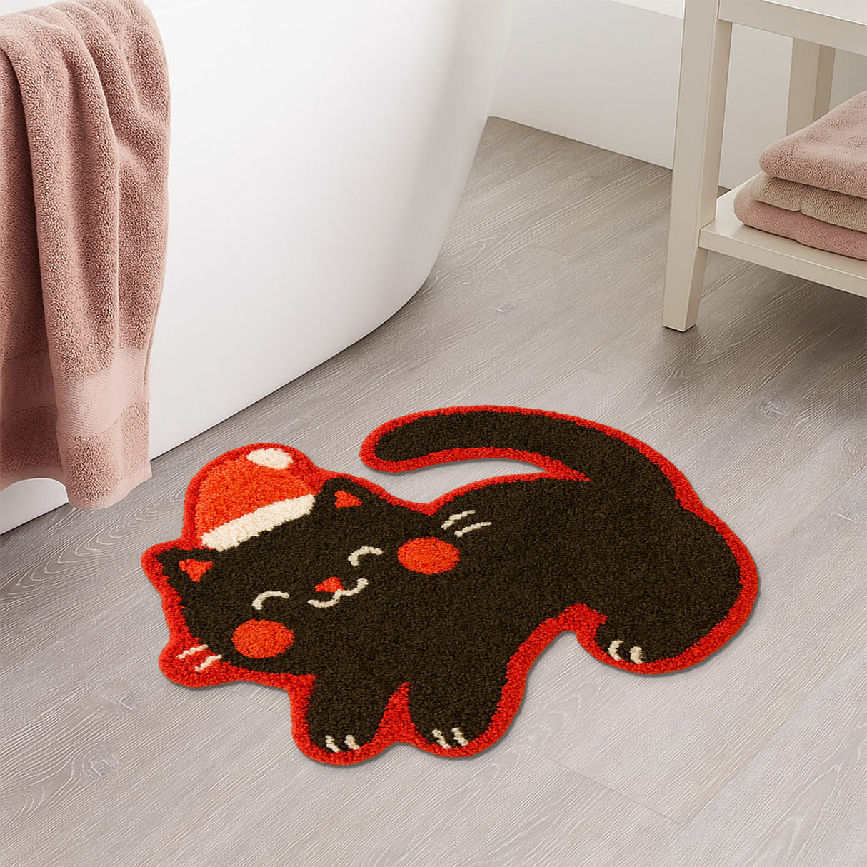 Feblilac Christmas Black Cat Shaped Rug – Cute Santa Cat Tufted Bath Mat for Bathroom & Entryway
