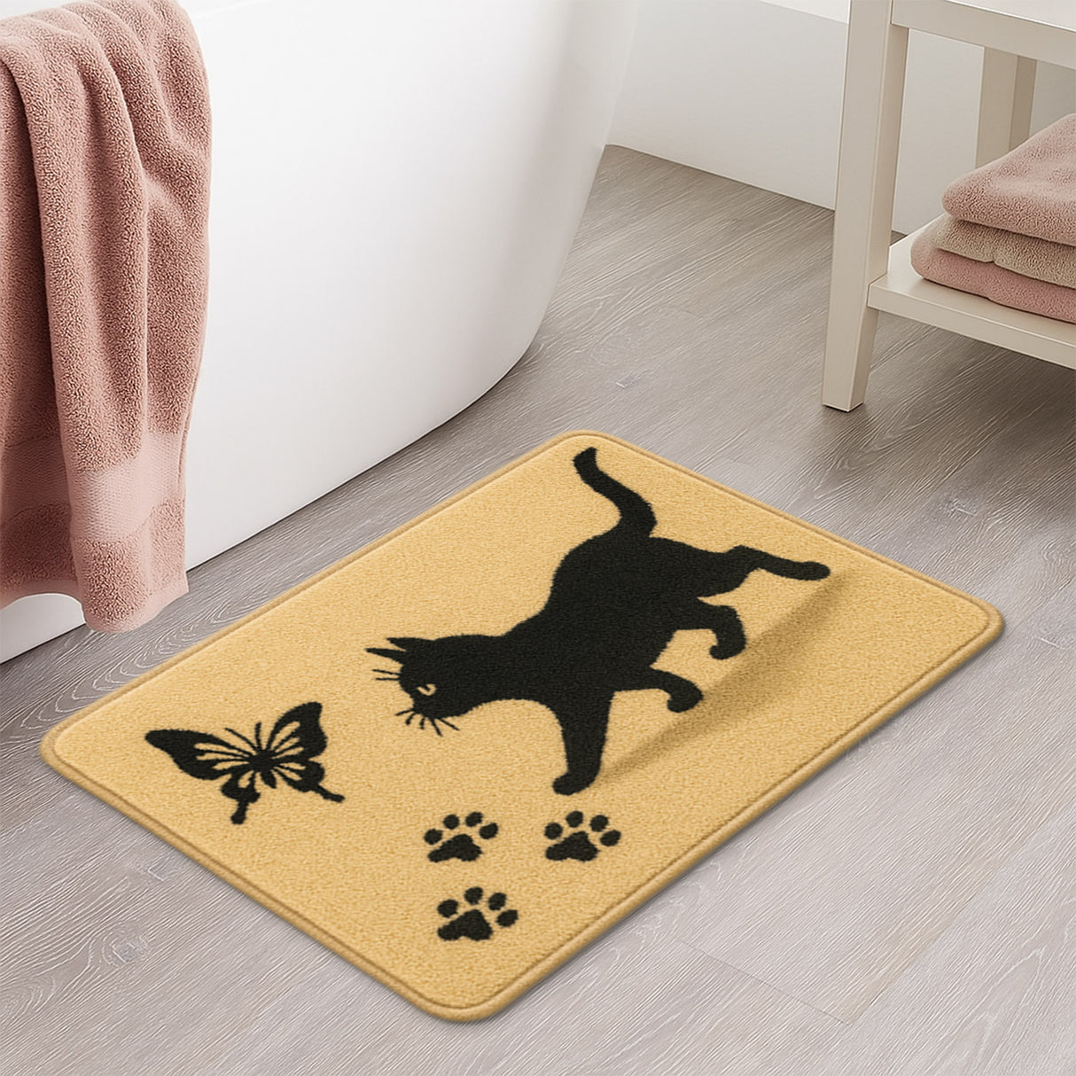 Feblilac Black Cat and Butterfly Bathroom Rug – Soft, Non-Slip Mat for Pet Lovers