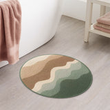 Earth Tone Round Bath Mat – Minimalist Wavy Pattern Rug for Bathroom & Entryway