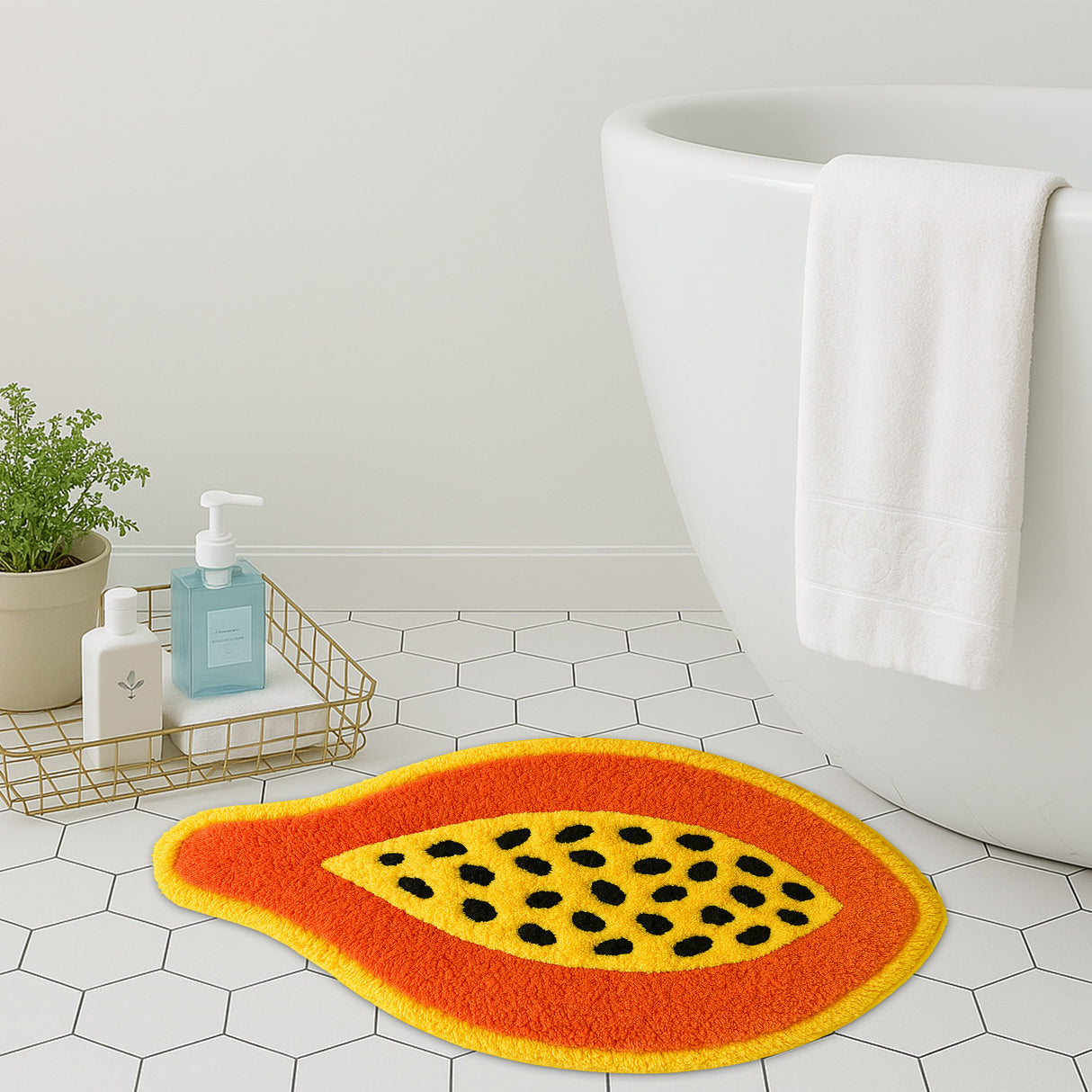 Feblilac Papaya Shaped Tufted Rug – Fun Tropical Fruit Design | Soft & Colorful Bathroom Mat