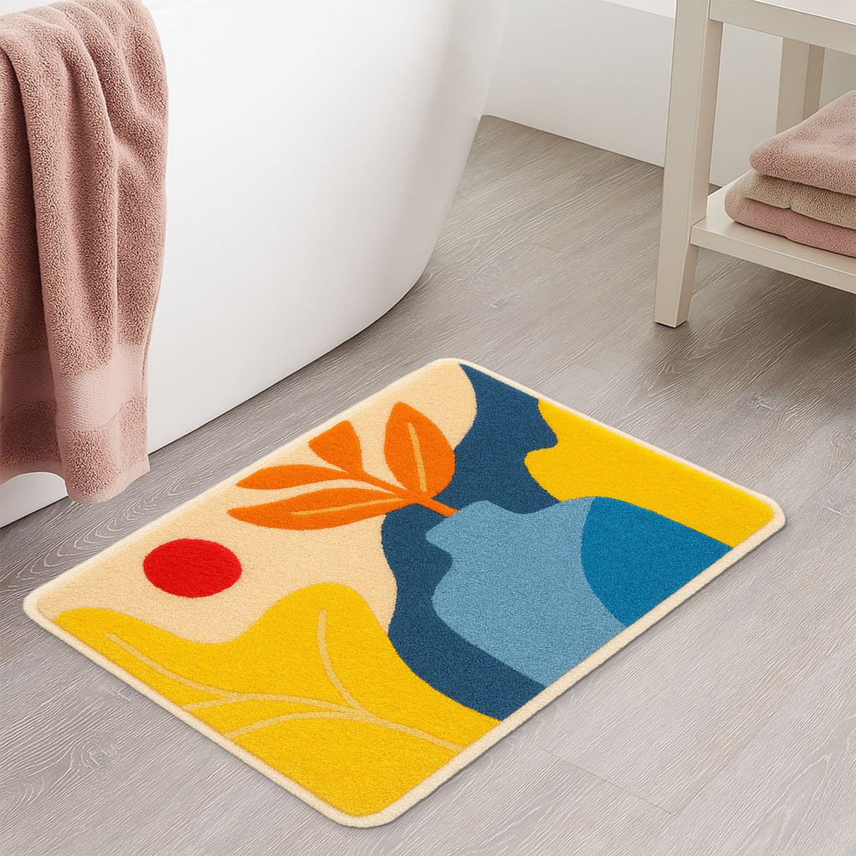 Feblilac Modern Abstract Vase Bath Mat – Artistic Non-Slip Rug in Yellow, Blue & Red