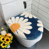 Feblilac Nave Blue Daisy Bath Mat Set, Flower Floral Bathroom Rug Set, Toilet Cover Mat