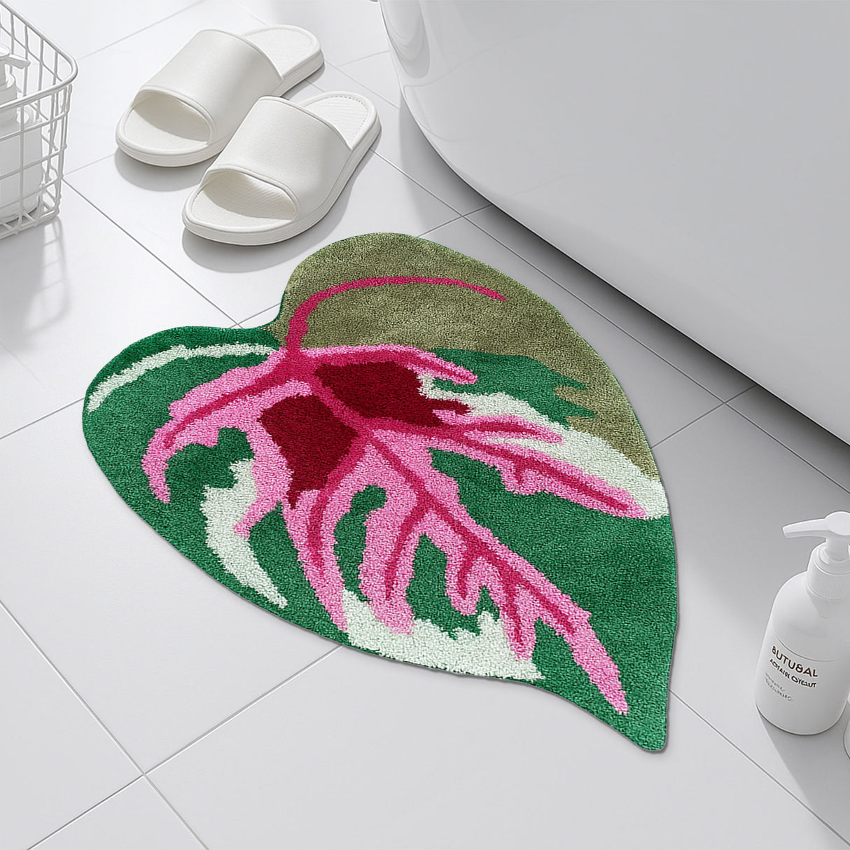 Leaf Shaped Bath Mat – Tropical Pink and Green Rug for Bathroom, Bedroom, Entryway