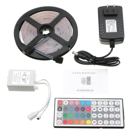 5M 24W Waterproof 3528SMD RGB LED Strip Lights + 44 Keys Remote Control US EU Power Adapter DC12V