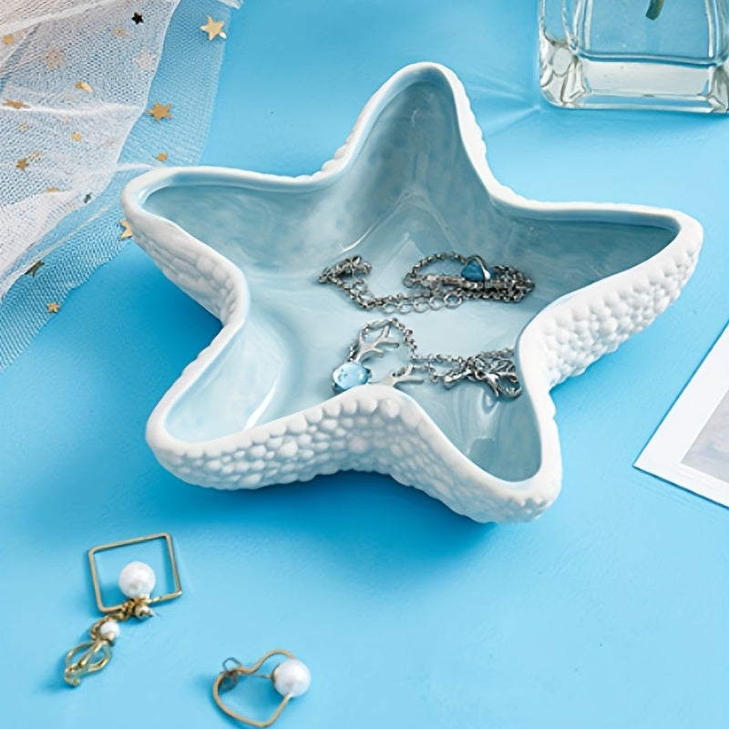 Aqua Ceramic Jewelry Storage Plate Tray, Starfish-Shaped Jewelry Keyholder