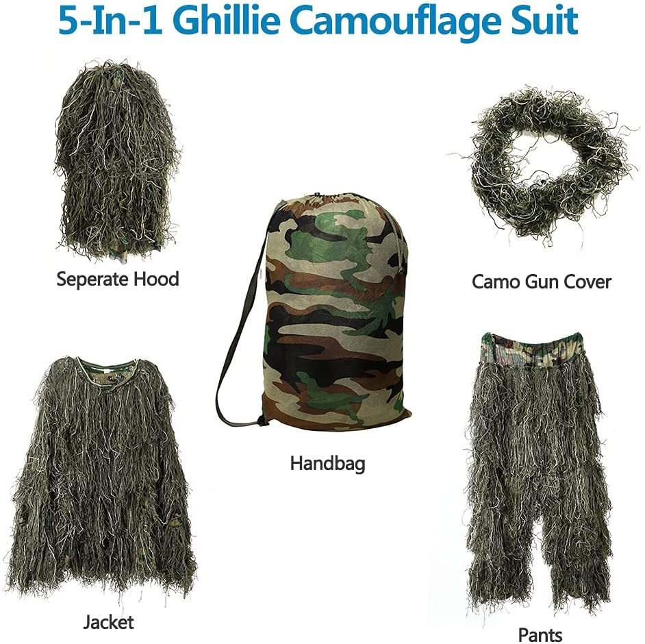 5 in 1 Ghillie Suit, 3D Camouflage Hunting Apparel Including Jacket, Pants, Hood, Carry Bag Suitable for Unisex Adults/Kids/Youth