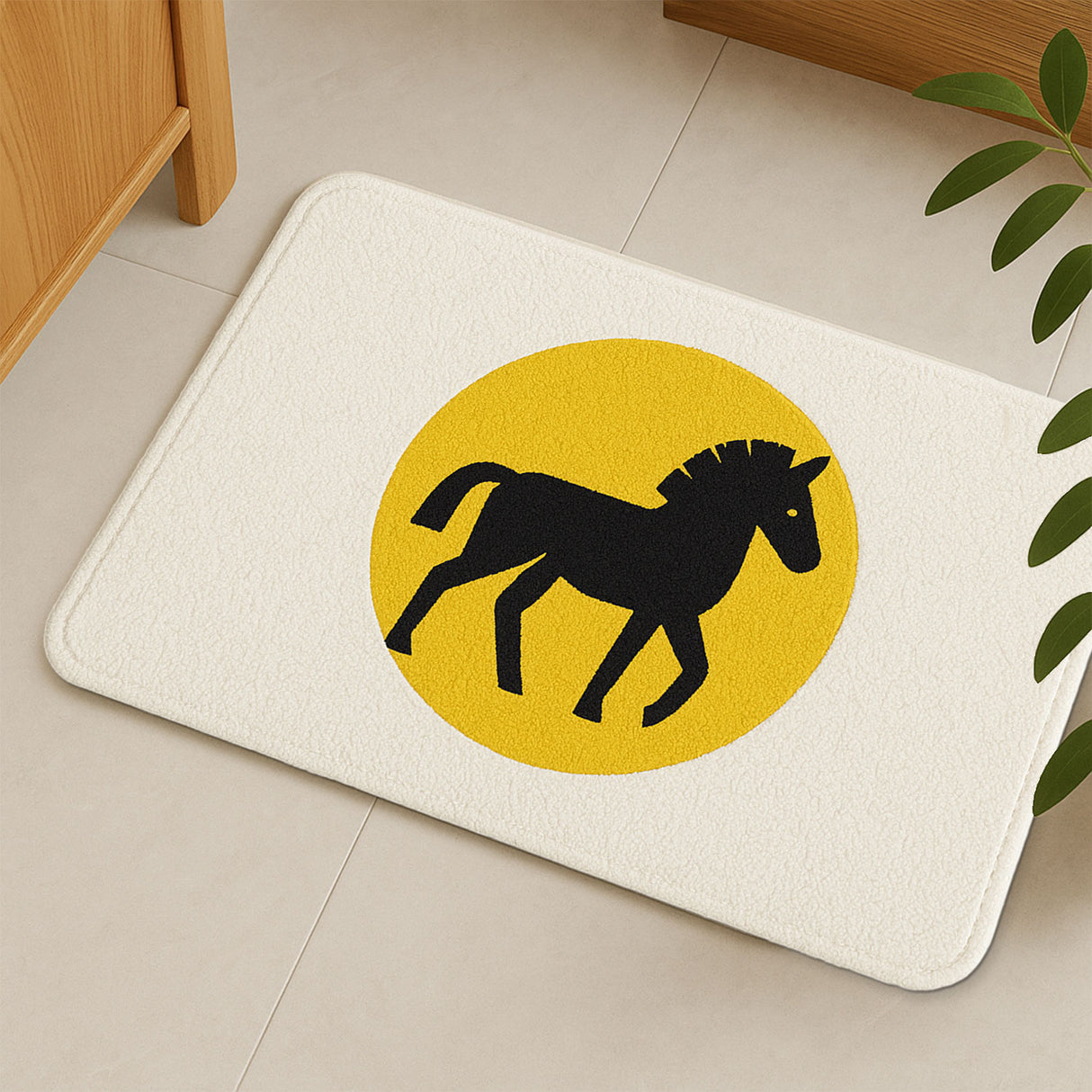 Feblilac Minimalist Horse Bath Mat – Soft Non-Slip Rug with Yellow Circle Accent