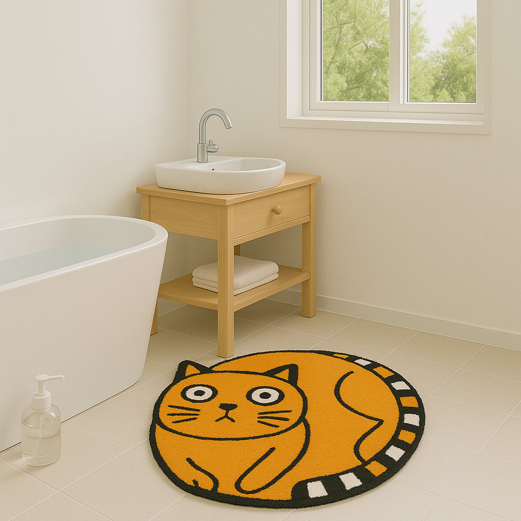 Round Cat Bath Mat – Yellow Cartoon Kitty Rug, Soft and Non-Slip Tufted Floor Mat for Bathroom, Bedroom or Entryway