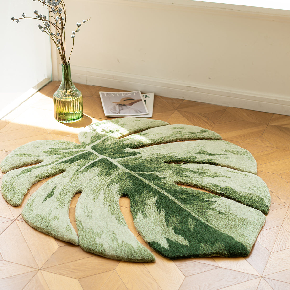 Monstera Bedroom Mat, Handmade Tufted Rug for Living Room