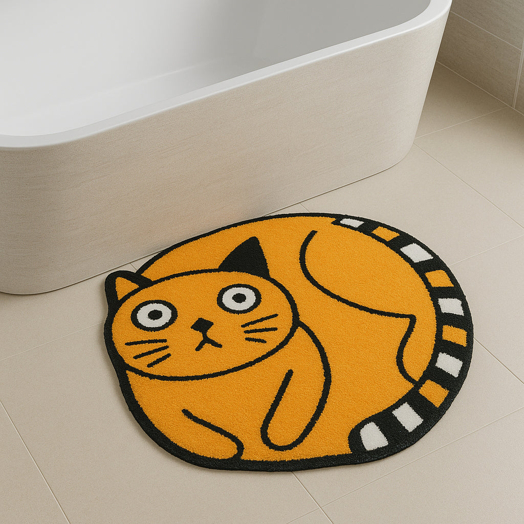 Round Cat Bath Mat – Yellow Cartoon Kitty Rug, Soft and Non-Slip Tufted Floor Mat for Bathroom, Bedroom or Entryway