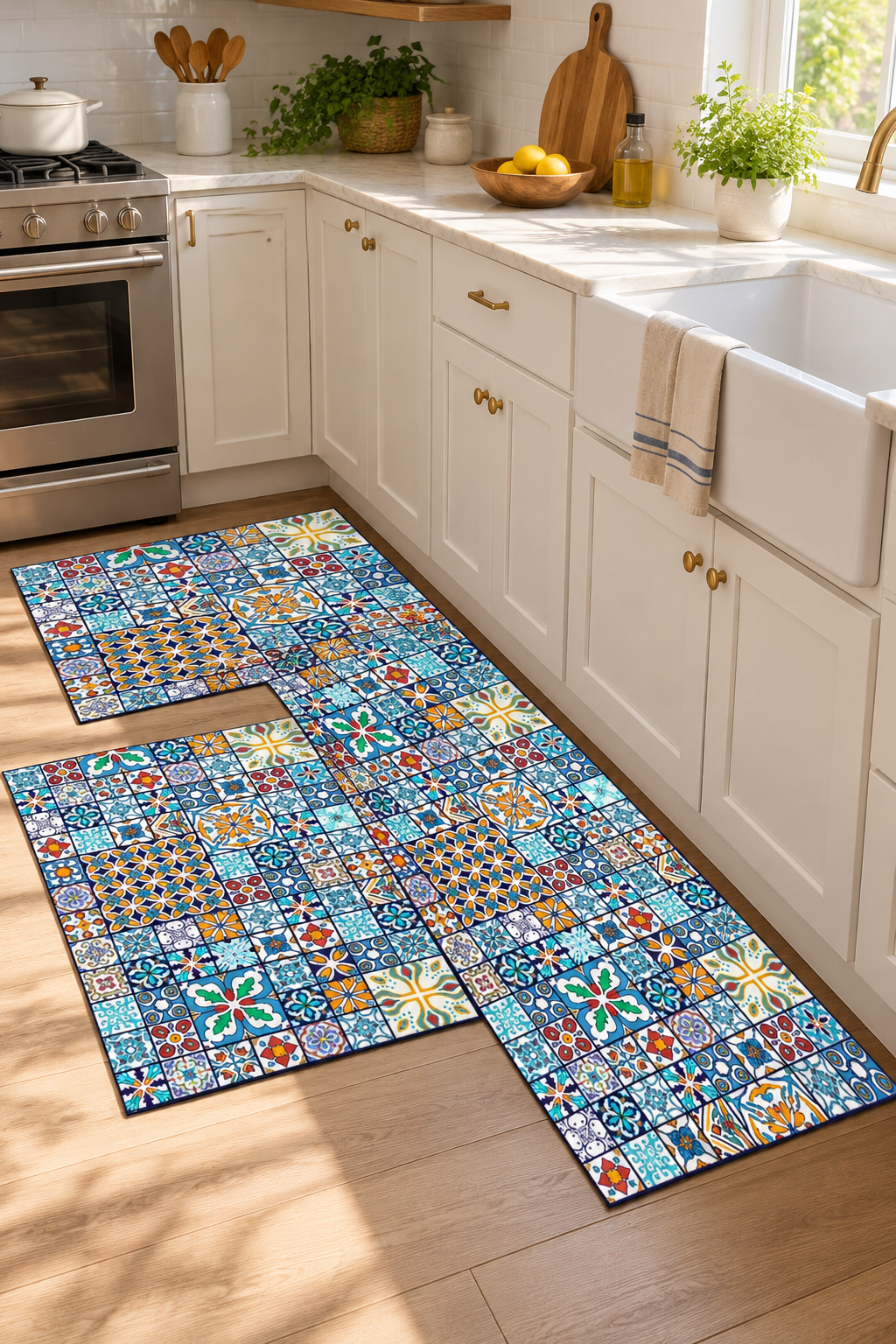 Blue Patchwork Kitchen Rugs Anti-Slip