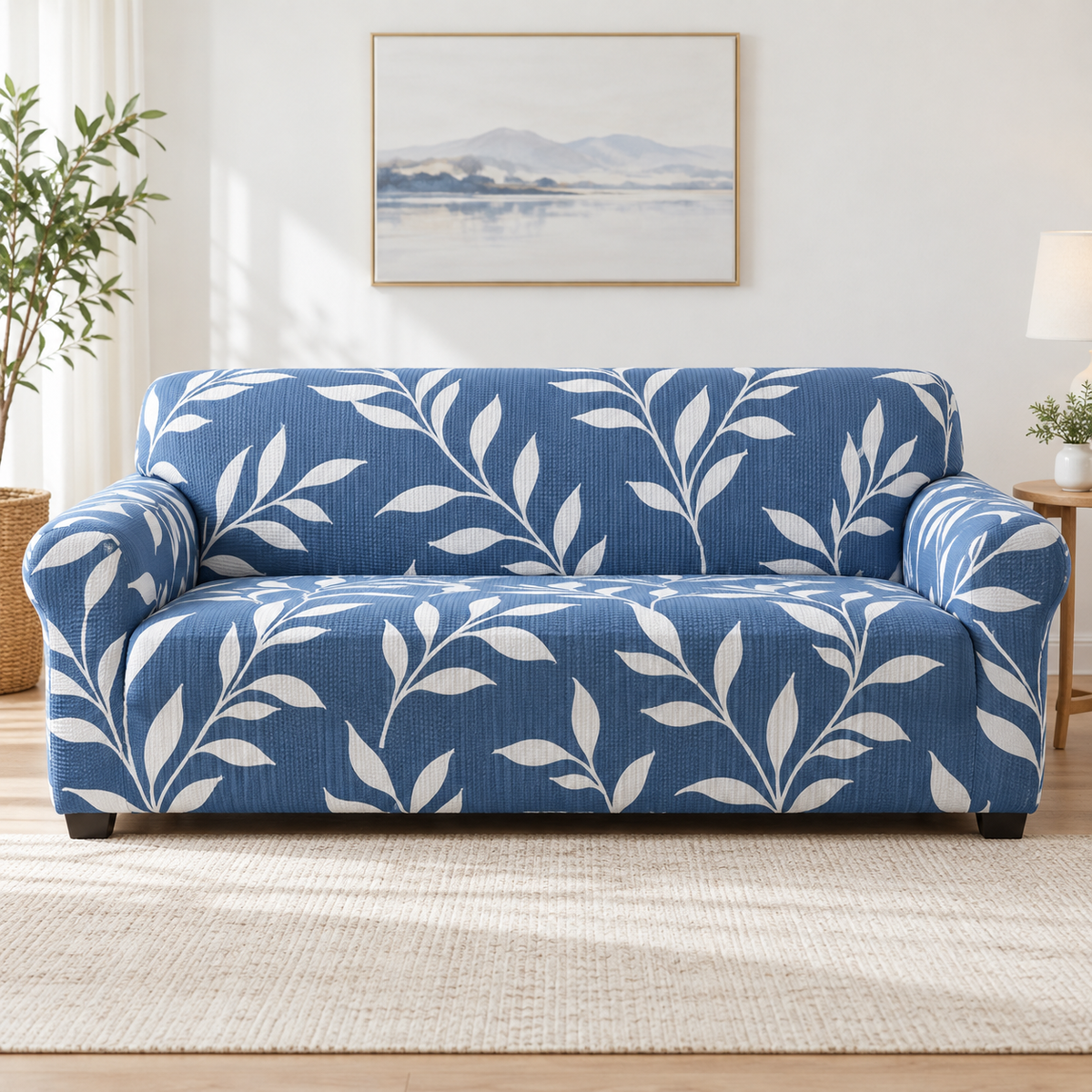 Blue White Elastic Stretchable Couch Cover