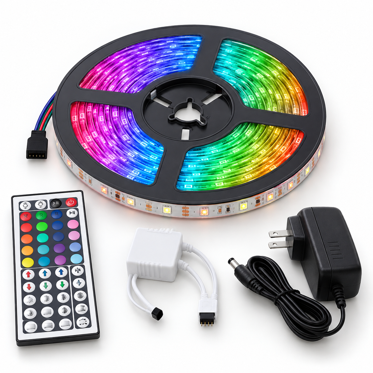 49FT 15M RGB LED Strip Light 3528 Waterproof/Non-waterproof Flexible Tape Lamp DC12V + 44Keys Remote Control + Power Supply