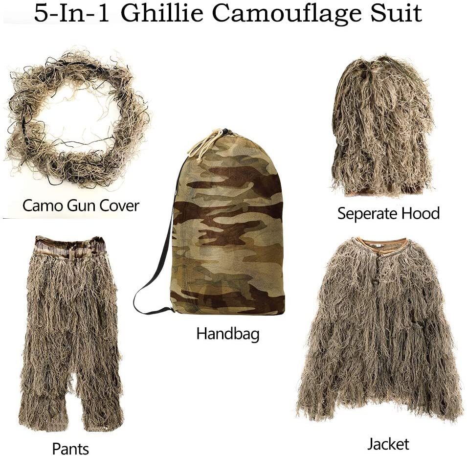 5 in 1 Ghillie Suit, 3D Camouflage Hunting Apparel Including Jacket, Pants, Hood, Carry Bag Suitable for Unisex Adults/Kids/Youth