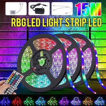 49FT 15M RGB LED Strip Light 3528 Waterproof/Non-waterproof Flexible Tape Lamp DC12V + 44Keys Remote Control + Power Supply