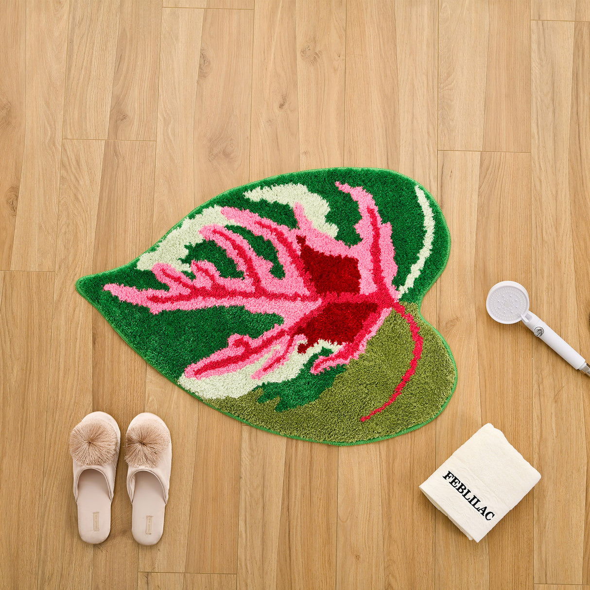 Leaf Shaped Bath Mat – Tropical Pink and Green Rug for Bathroom, Bedroom, Entryway