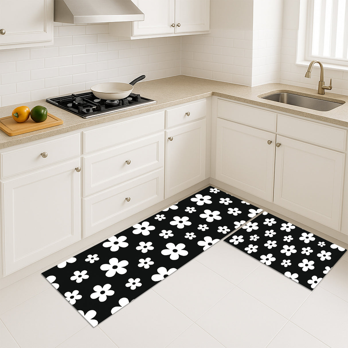 Feblilac Bold Black & White Floral Kitchen Mat