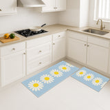 Feblilac Blue Daisy Kitchen Mat Set – Non-Slip Floor Rugs with White Flowers for Sink and Stove Area