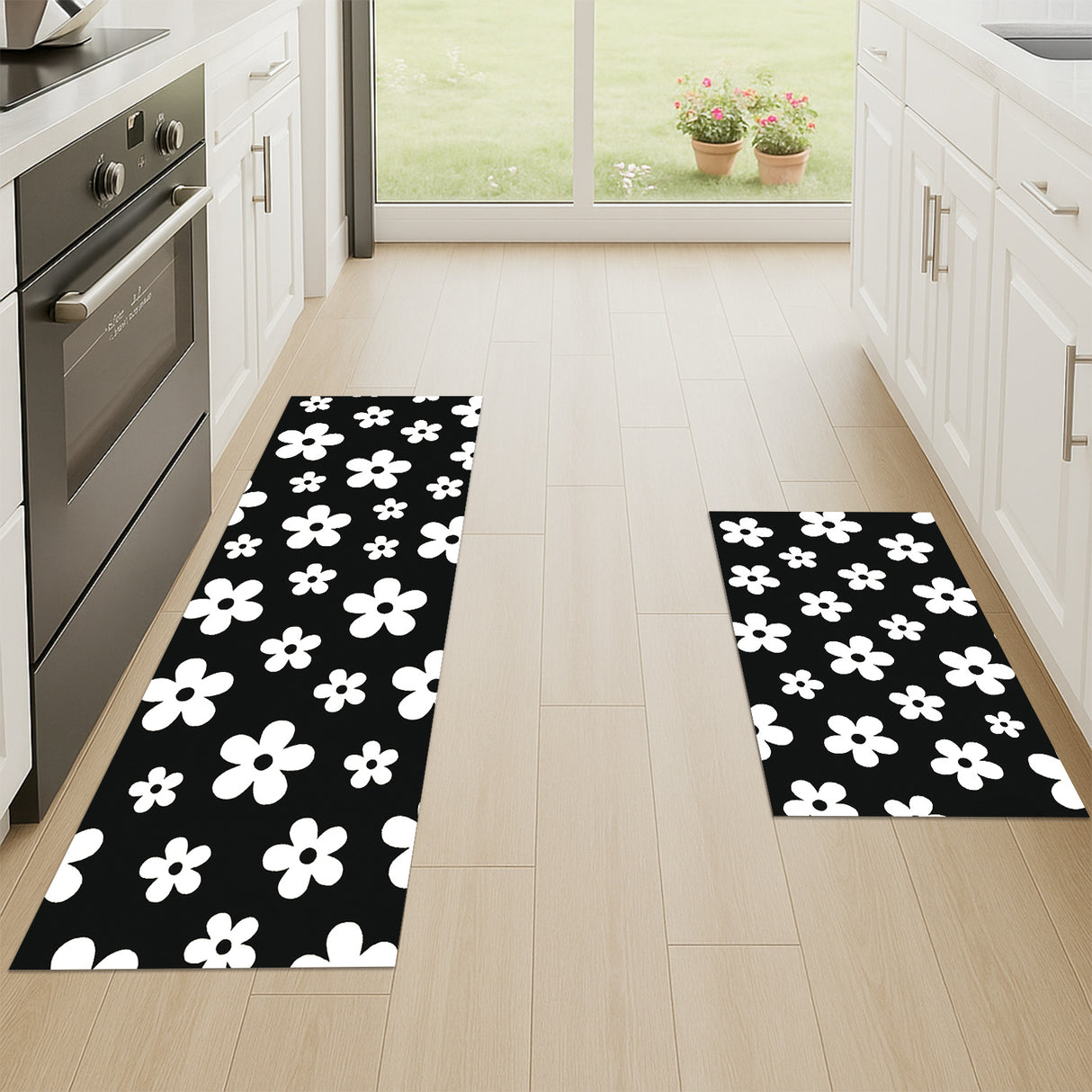Feblilac Bold Black & White Floral Kitchen Mat