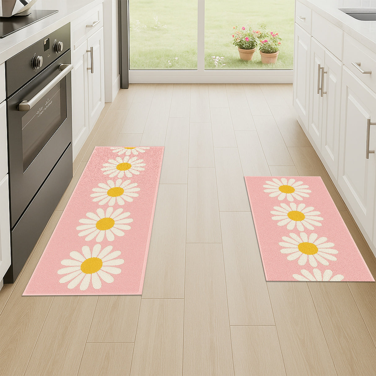 Feblilac Blue Daisy Kitchen Mat Set – Non-Slip Floor Rugs with White Flowers for Sink and Stove Area